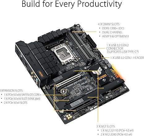 ASUS TUF GAMING B760-PLUS WIFI Intel B760 LGA 1700 ATX motherboard, Ready for 14th, 13th & 12th Gen Intel® Core CPU, 12+1+1 Stages, PCIe 5.0, 3x M.2, DDR5, 2.5G, USB 3.2 Type-C®, Thunderbolt 4™, USB4®