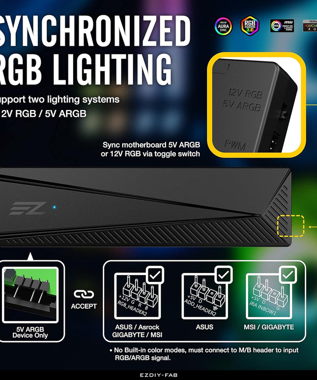 EZDIY-FAB ARGB PWM Fan Hub for PC Case Fan, 8 PWM Ports+8 ARGB Ports, 12V RGB/ 5V ARGB Motherboard Sync, PWM Functional Fan Adapter, Two Lighting Systems, Easy Cable Management.
