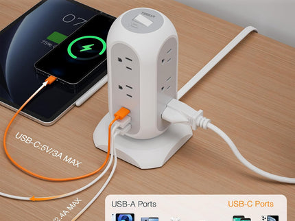 Tower Power Strip Flat Plug with 11 Outlets 3 USB (1 USB C)