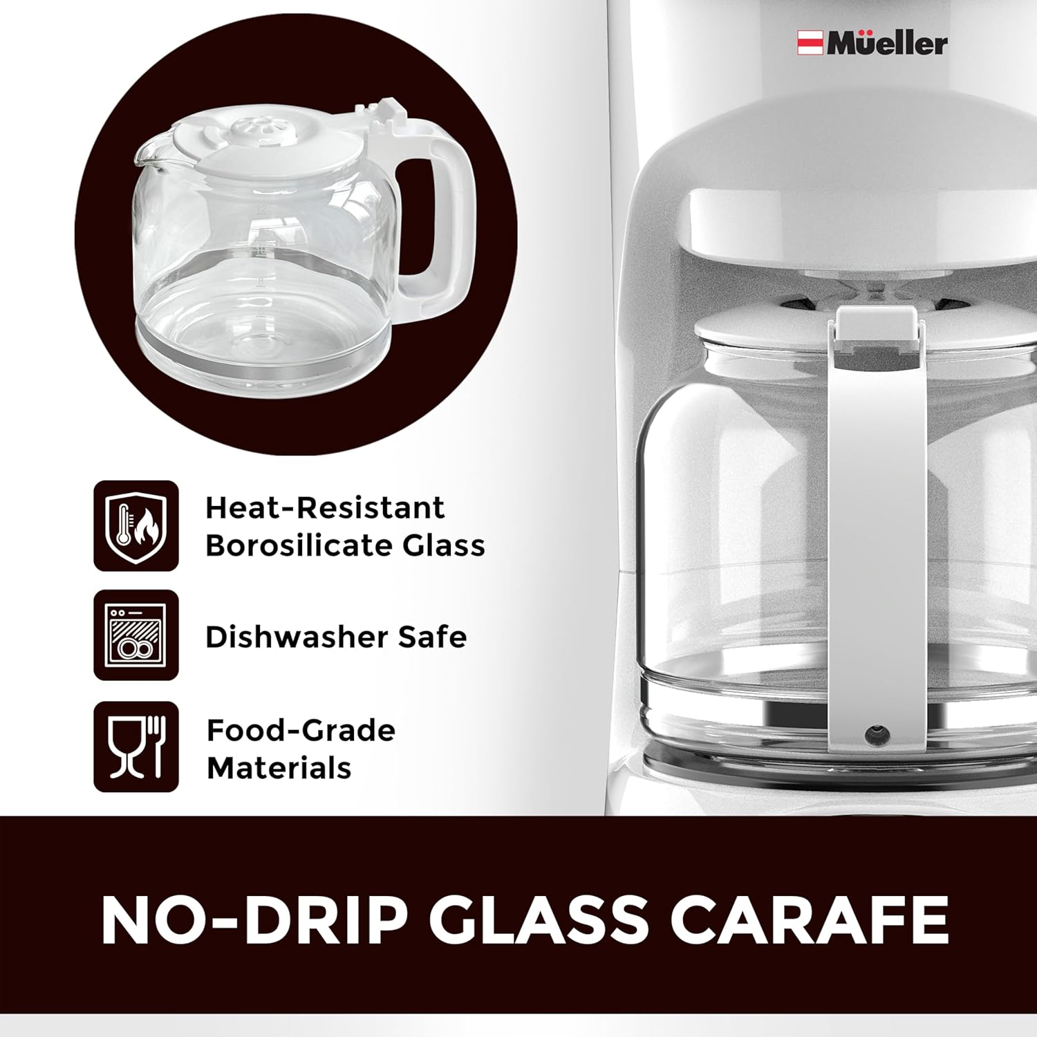 MÜELLERHOME 12-Cup White Coffee Maker - Borosilicate Carafe