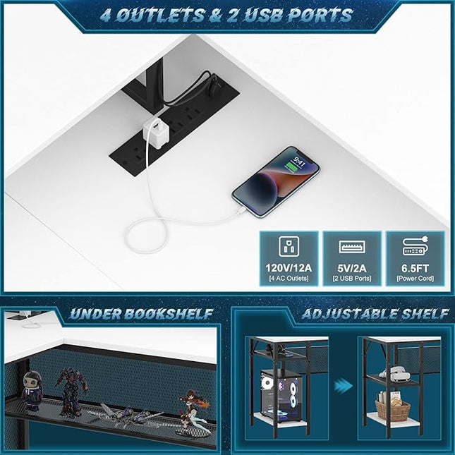 Unikito L-Shaped Desk – White, Reversible with LED Strip
