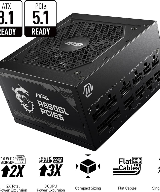 MSI MAG A850GL PCIE5, Fully Modular Compact Gaming 850W Power Supply