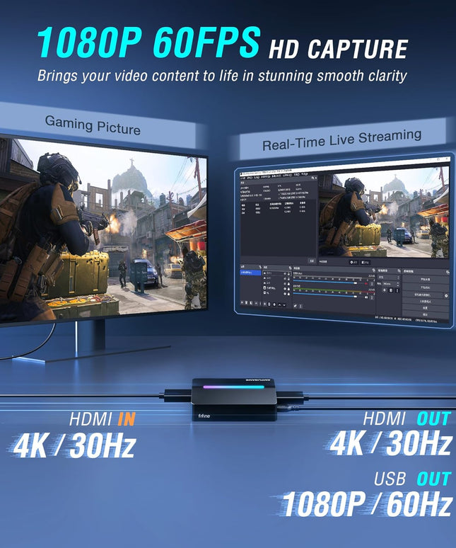 Fifine AmpliGame Video Capture Card, HD 1080 60fps for Audio Video, Gaming, Live Streaming, 4K HDMI to USB Capture Card Compatible with PS4/Windows/Mac OS/Switch/Xbox-V3