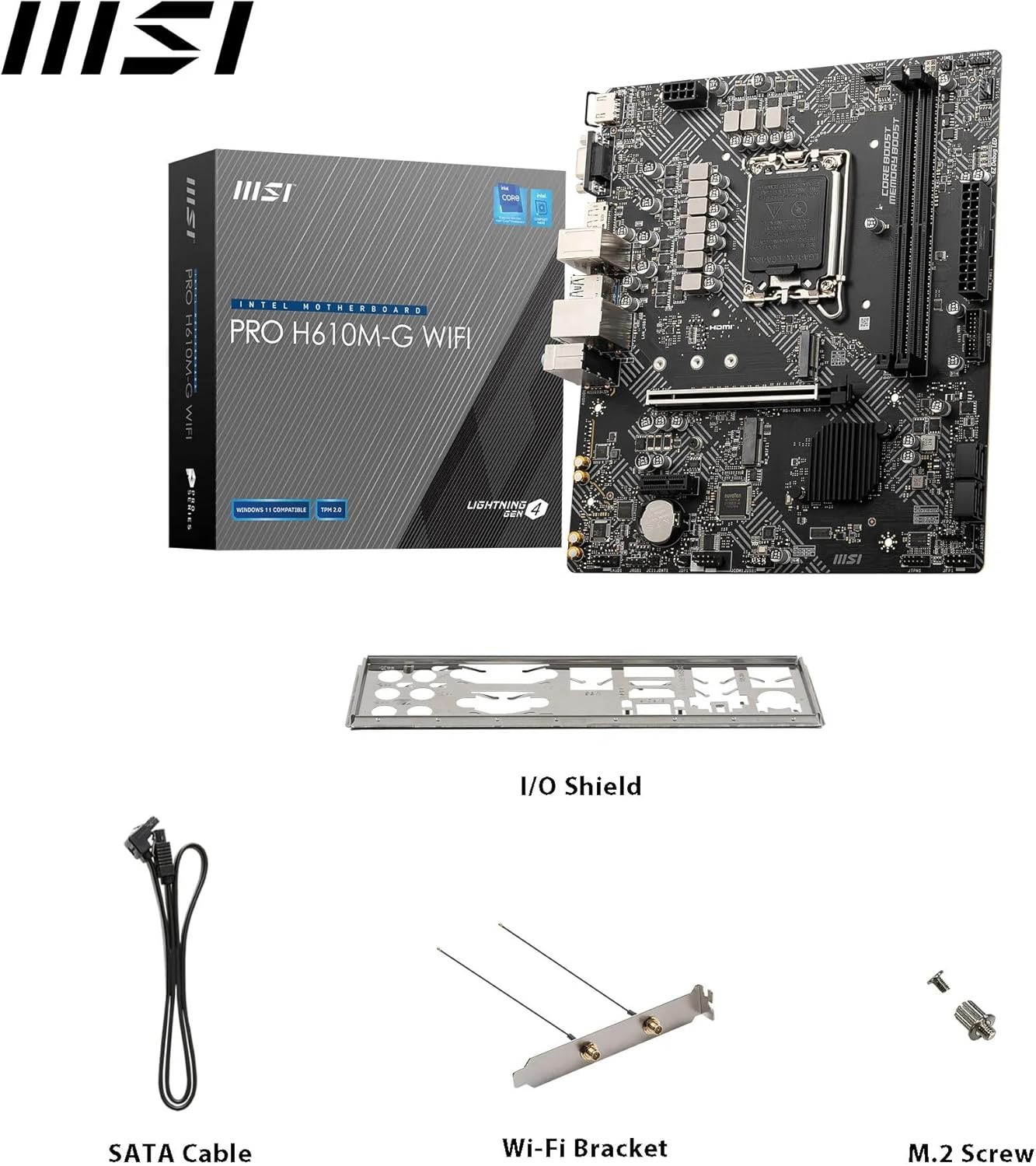 MSI PRO H610M-G WiFi Motherboard, Micro-ATX - Supports Intel Core 14th, 13th and 12th Gen Processors, LGA 1700 - DDR5 Memory Boost 5600MHz/MAX, PCIe 4.0 x16 Slot, M.2 Gen3 Slot, Wi-Fi 6E, BT 5.3