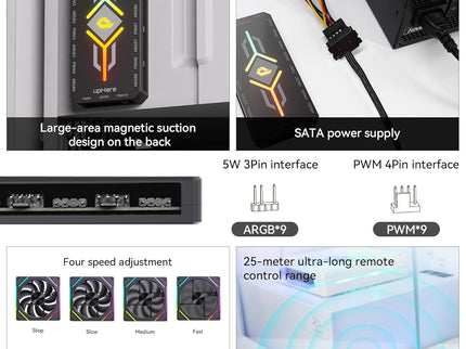 upHere PWM & 5V ARGB Magnetic Fan Hub – 1-9 Port, Remote Control, SATA Powered, Black
