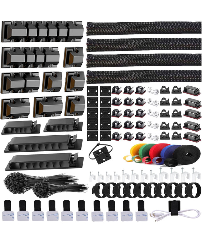 ELII 327 PCS Cable Management Kit 4 Cable Cable Sleeves,65 Cable Clips with 13Cord Holders,25 Roll Cable Organizer Straps,200 Fastening Cable Ties,20 Cable Zip Tie Mounts for Computer (Black)
