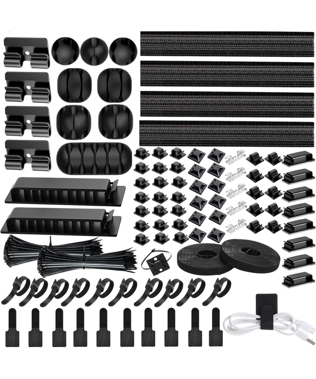 [313Pcs] Cable Management Kit, 67 Adhesive Cable Clips, Topavatop Desk Cord Organizer, 22 Reusable Cable Strap, 4 Cable Sleeve Split, 200 Nylon Cable Zip Ties with 20 Mounts for TV Office Home, Black