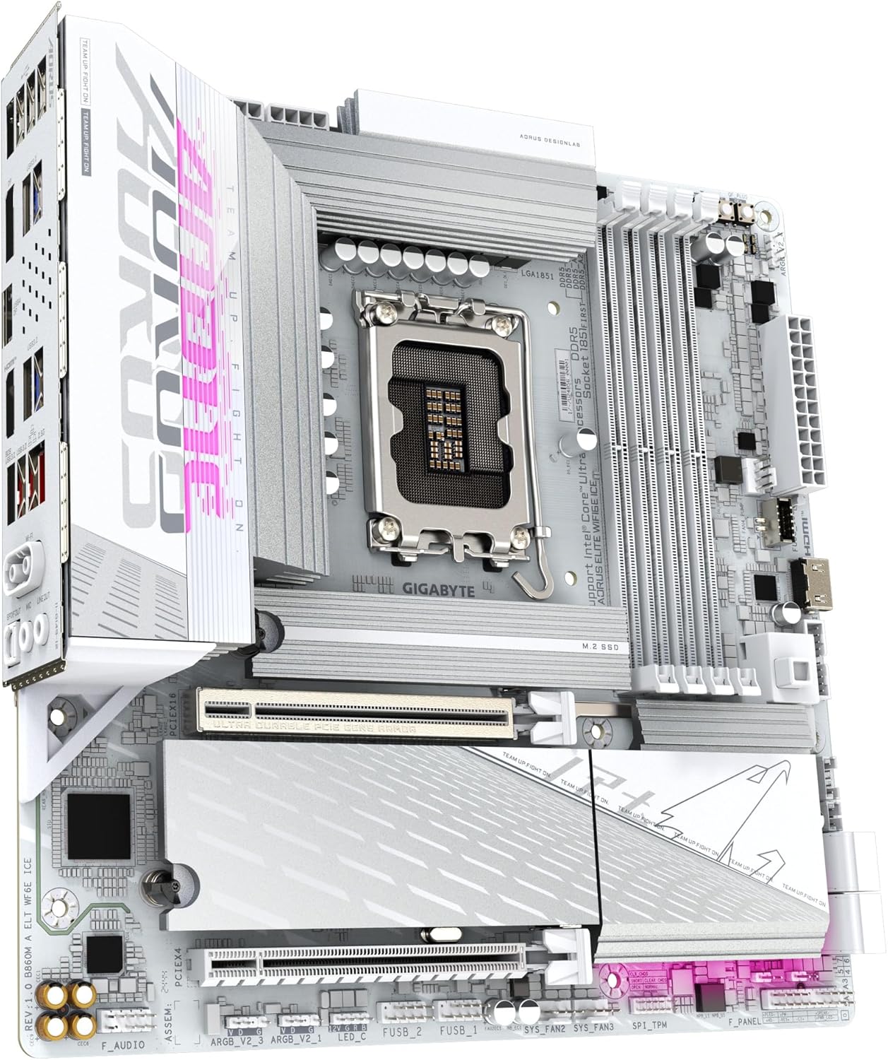 GIGABYTE B860M AORUS Elite WIFI6E ICE Intel Core Ultra (Series 2) LGA 1851 Motherboard, mATX, DDR5, 3X M.2, PCIe 5.0, USB-C, WIFI6E, 2.5GbE LAN, EZ-Latch