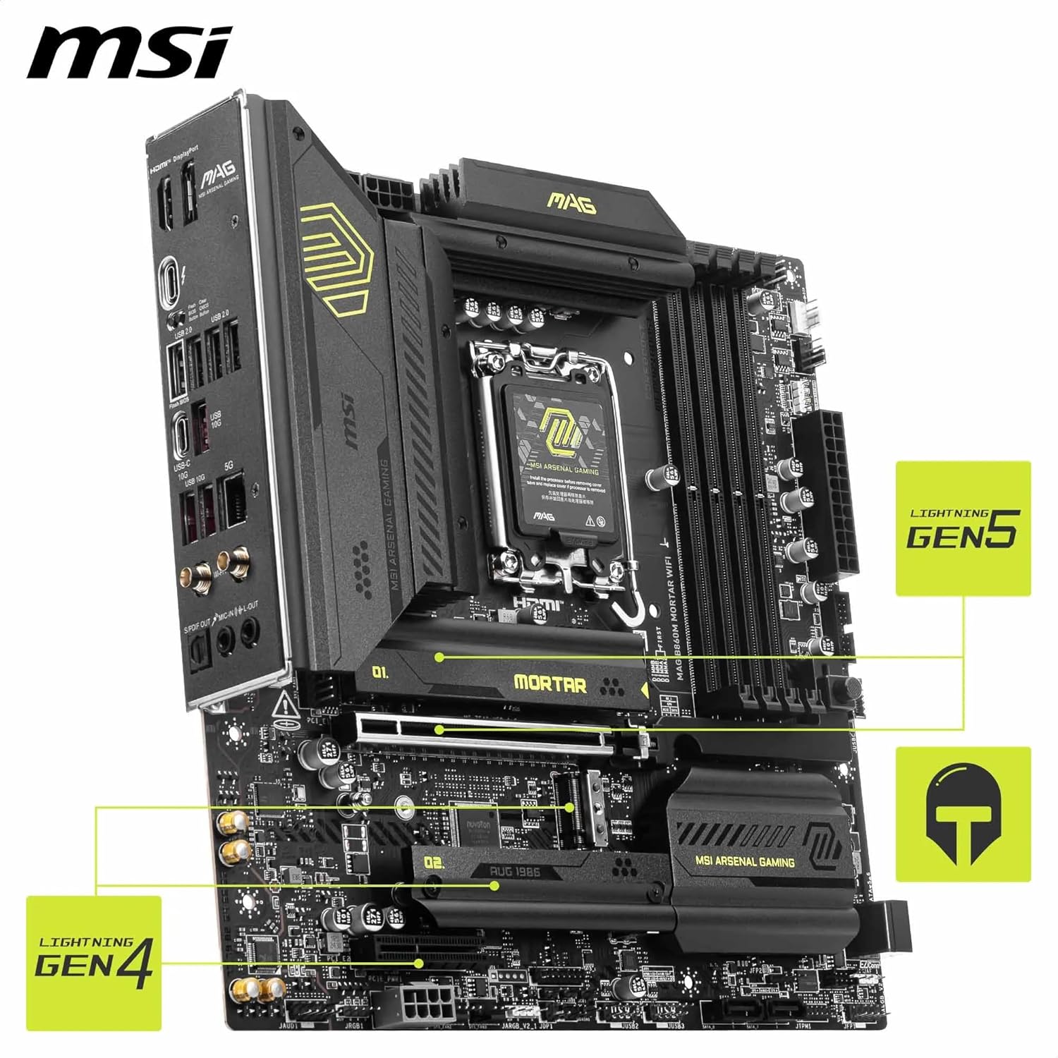 MAG B860M Mortar WiFi Motherboard, mATX - Supports Intel Core Ultra Processors (Series 2), LGA 1851 - DDR5 Memory Boost 9200+ MT/s OC, 1 x PCIe 5.0 x16, 1 x M.2 Gen5, 5G LAN, Wi-Fi 7