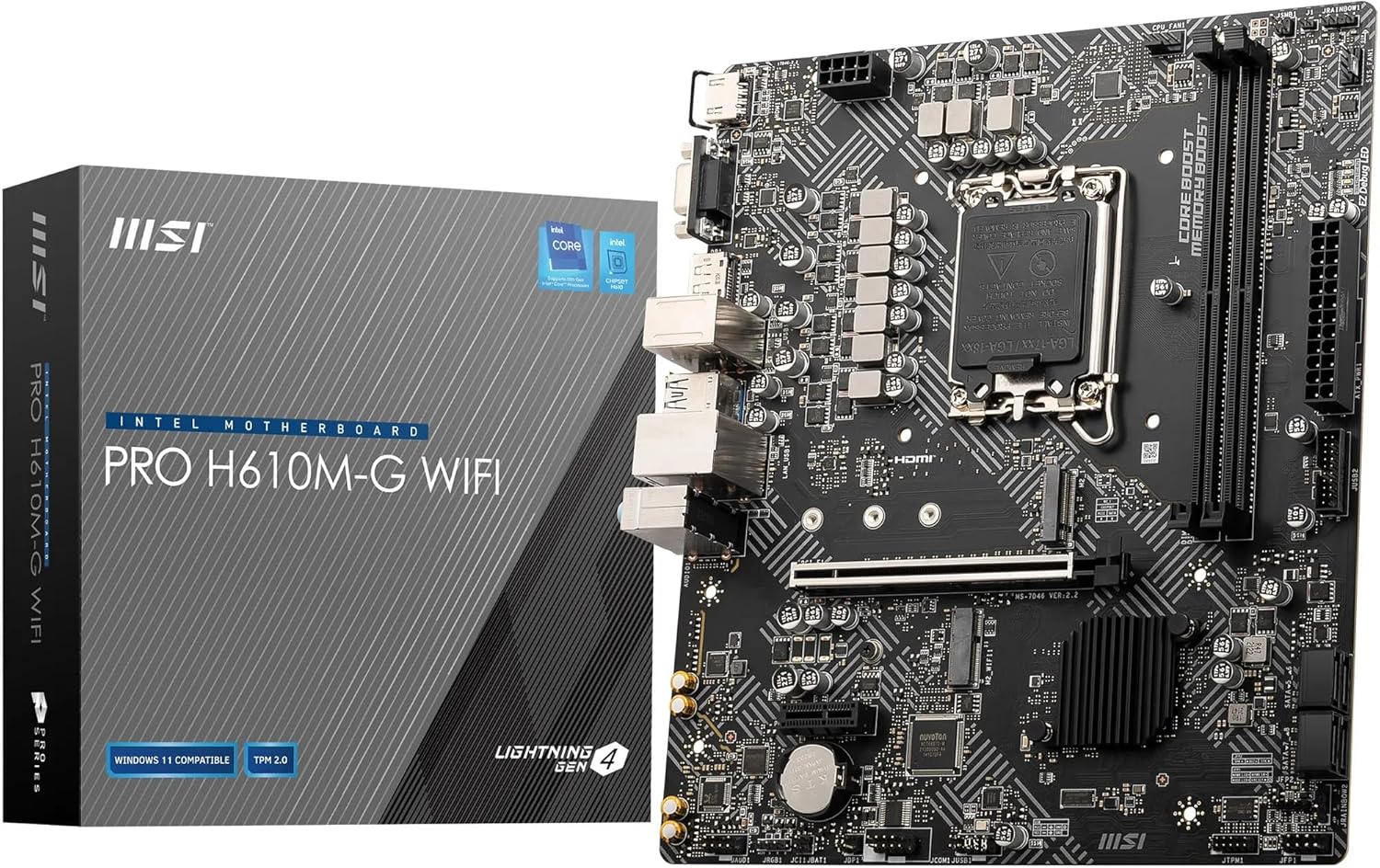 MSI PRO H610M-G WiFi Motherboard, Micro-ATX - Supports Intel Core 14th, 13th and 12th Gen Processors, LGA 1700 - DDR5 Memory Boost 5600MHz/MAX, PCIe 4.0 x16 Slot, M.2 Gen3 Slot, Wi-Fi 6E, BT 5.3