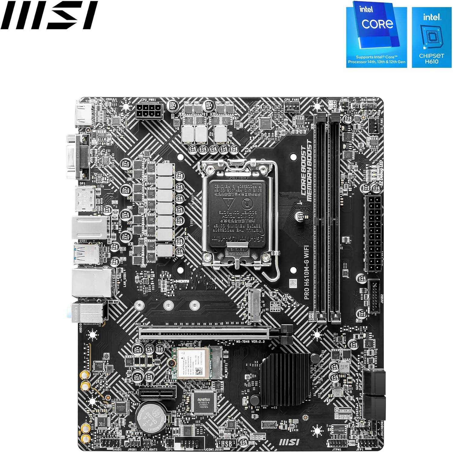 MSI PRO H610M-G WiFi Motherboard, Micro-ATX - Supports Intel Core 14th, 13th and 12th Gen Processors, LGA 1700 - DDR5 Memory Boost 5600MHz/MAX, PCIe 4.0 x16 Slot, M.2 Gen3 Slot, Wi-Fi 6E, BT 5.3