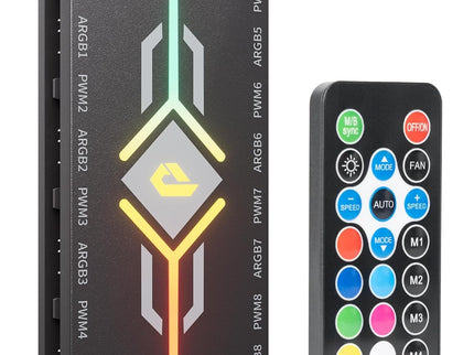 upHere PWM & 5V ARGB Magnetic Fan Hub – 1-9 Port, Remote Control, SATA Powered, Black