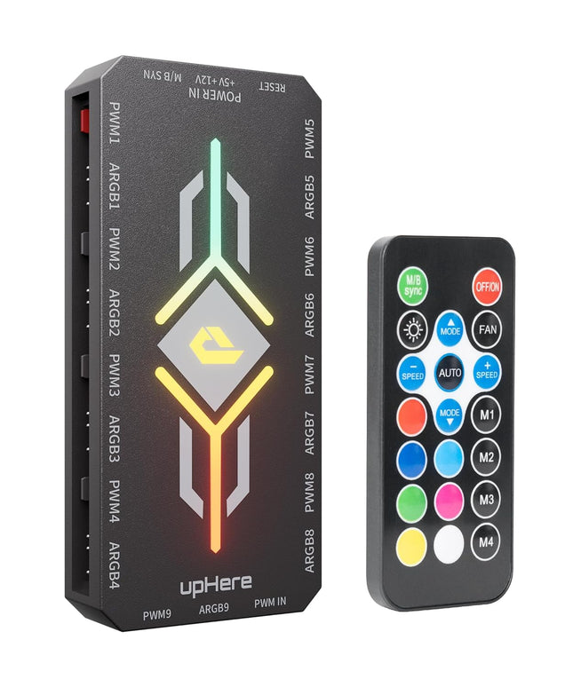 upHere PWM & 5V ARGB Magnetic Fan Hub – 1-9 Port, Remote Control, SATA Powered, Black