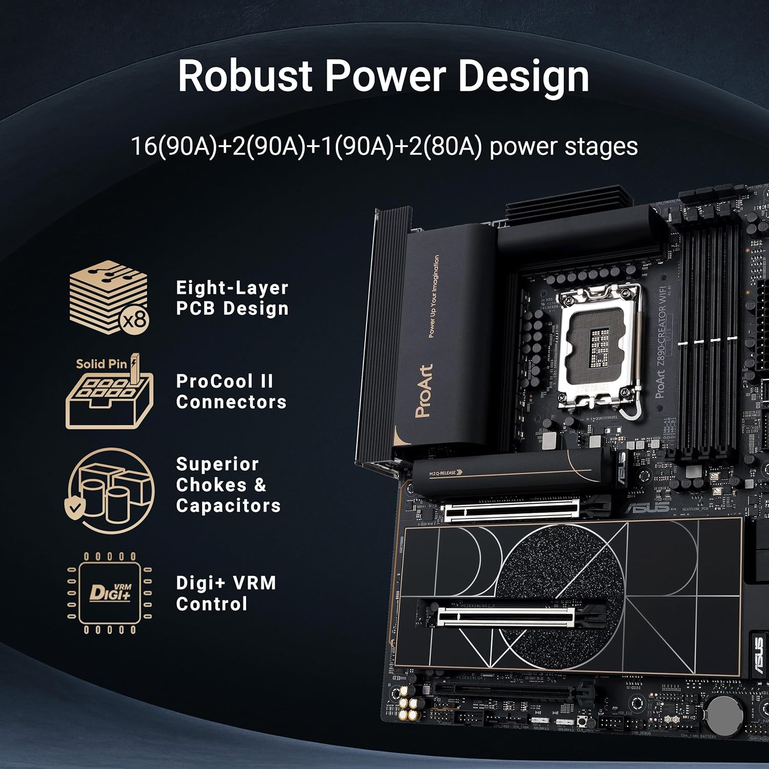 ASUS ProArt Z890-CREATOR WIFI Z890 LGA 1851 ATX Motherboard, Intel® Core™ Ultra Processor Series 2 Ready, 16+2+1+2 stages, PCIe® 5.0, DDR5, Thunderbolt™ 5 Type-C®, 10+2.5 Gb LAN, WiFi 7, 5x M.2, AI OC