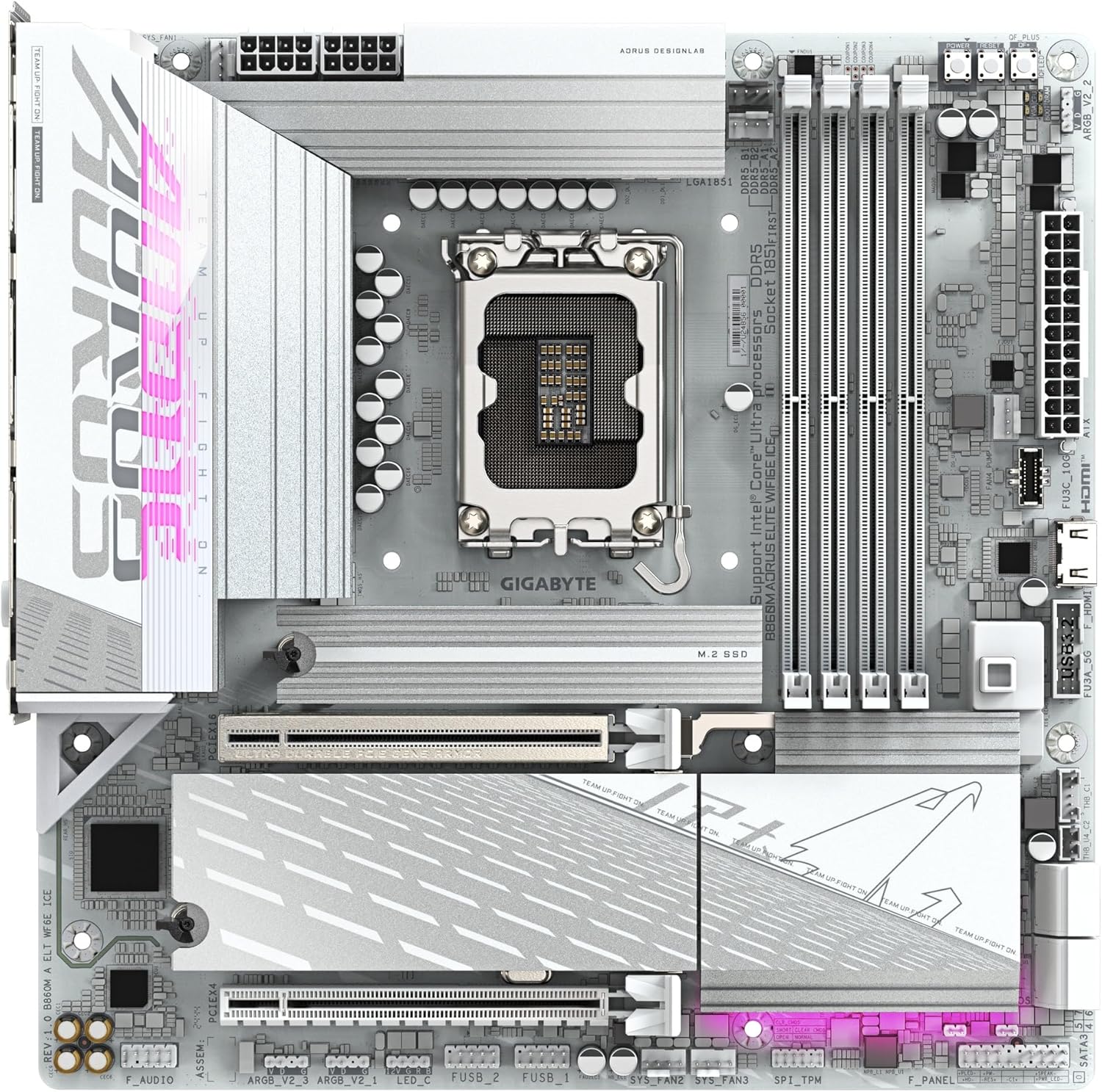 GIGABYTE B860M AORUS Elite WIFI6E ICE Intel Core Ultra (Series 2) LGA 1851 Motherboard, mATX, DDR5, 3X M.2, PCIe 5.0, USB-C, WIFI6E, 2.5GbE LAN, EZ-Latch
