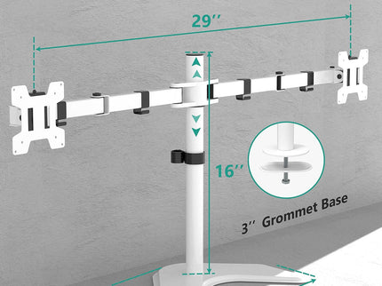 WALI Dual Monitor Desk Stand – Free-Standing, Fits 2 Monitors up to 27", 22 lbs per Arm, Fully Adjustable, VESA 100x100mm – White (MF002-W)
