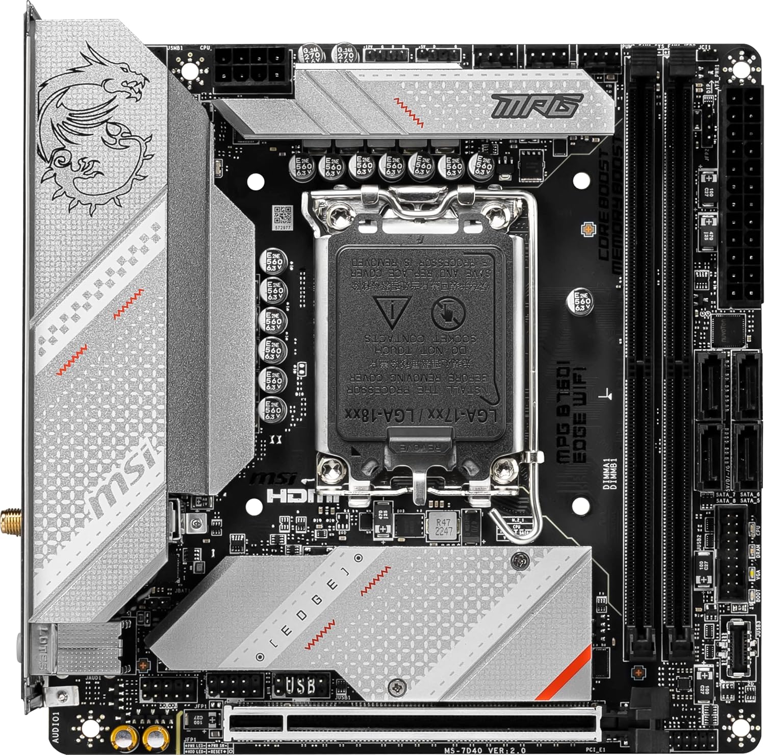 MSI MPG B760I Edge WiFi Gaming Motherboard (Supports 12th/13th/14th Gen Intel Processors, LGA 1700, DDR5, PCIe 5.0, M.2, 2.5Gbps LAN, USB 3.2 Gen2, HDMI/DP, Wi-Fi 6E, Bluetooth 5.3, Mini-ITX)