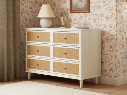 M23716RWHC,Namesake,Marin with Cane 6 Drawer Assembled Dresser in Warm White and Honey Cane