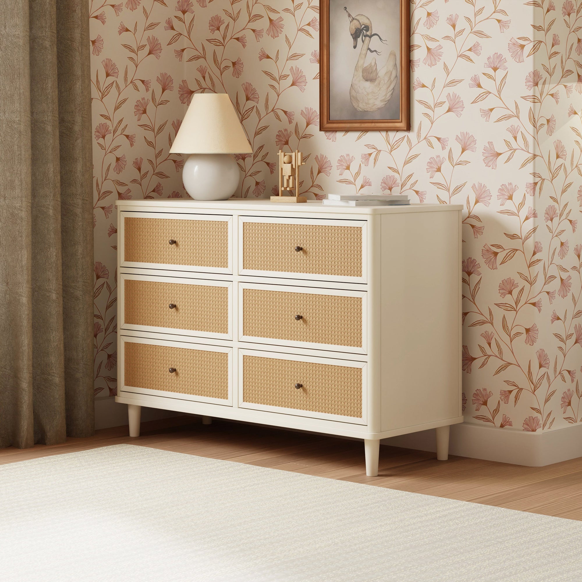 M23716RWHC,Namesake,Marin with Cane 6 Drawer Assembled Dresser in Warm White and Honey Cane