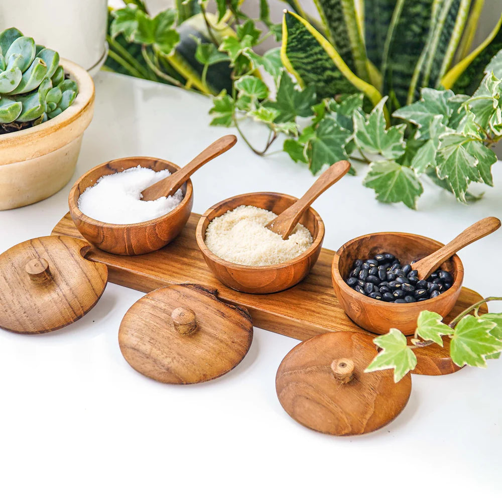 Teak Wood Condiment Dipping Bowl with Lid and Tray Set
