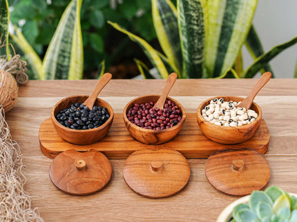 Teak Wood Condiment Dipping Bowl with Lid and Tray Set