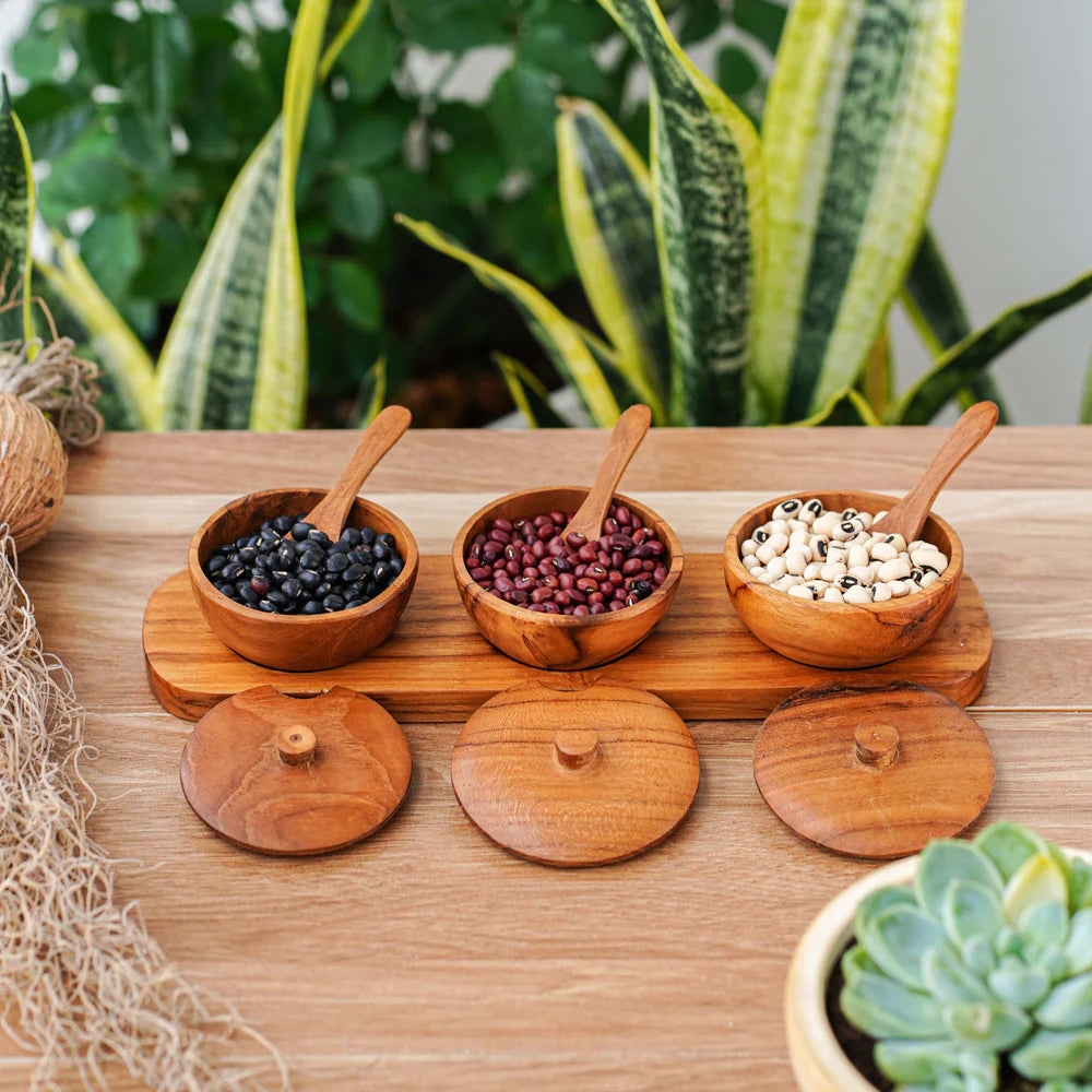 Teak Wood Condiment Dipping Bowl with Lid and Tray Set