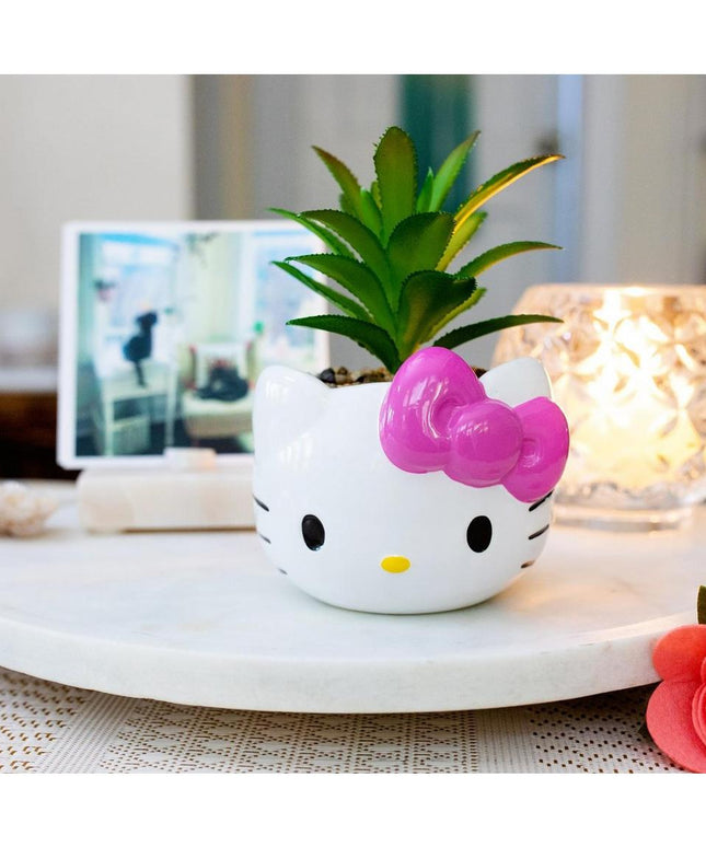 Hello Kitty Face 3-In Ceramic Mini Planter with Artificial Succulent