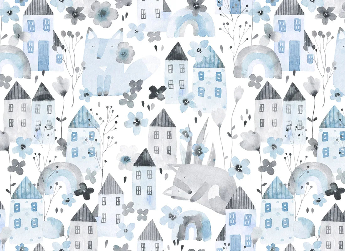 Fox Village, Blue (Custom sized)