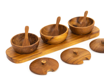Teak Wood Condiment Dipping Bowl with Lid and Tray Set