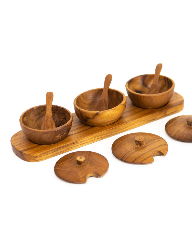 Teak Wood Condiment Dipping Bowl with Lid and Tray Set