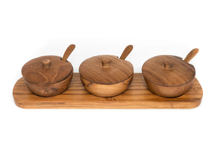 Teak Wood Condiment Dipping Bowl with Lid and Tray Set