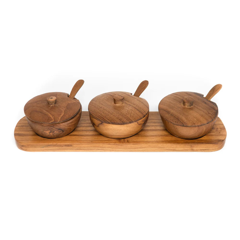 Teak Wood Condiment Dipping Bowl with Lid and Tray Set