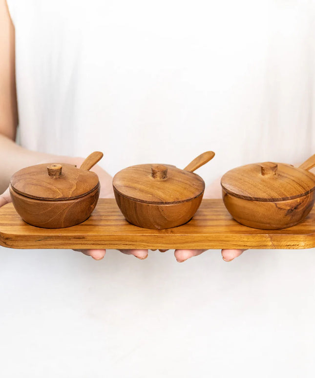 Teak Wood Condiment Dipping Bowl with Lid and Tray Set