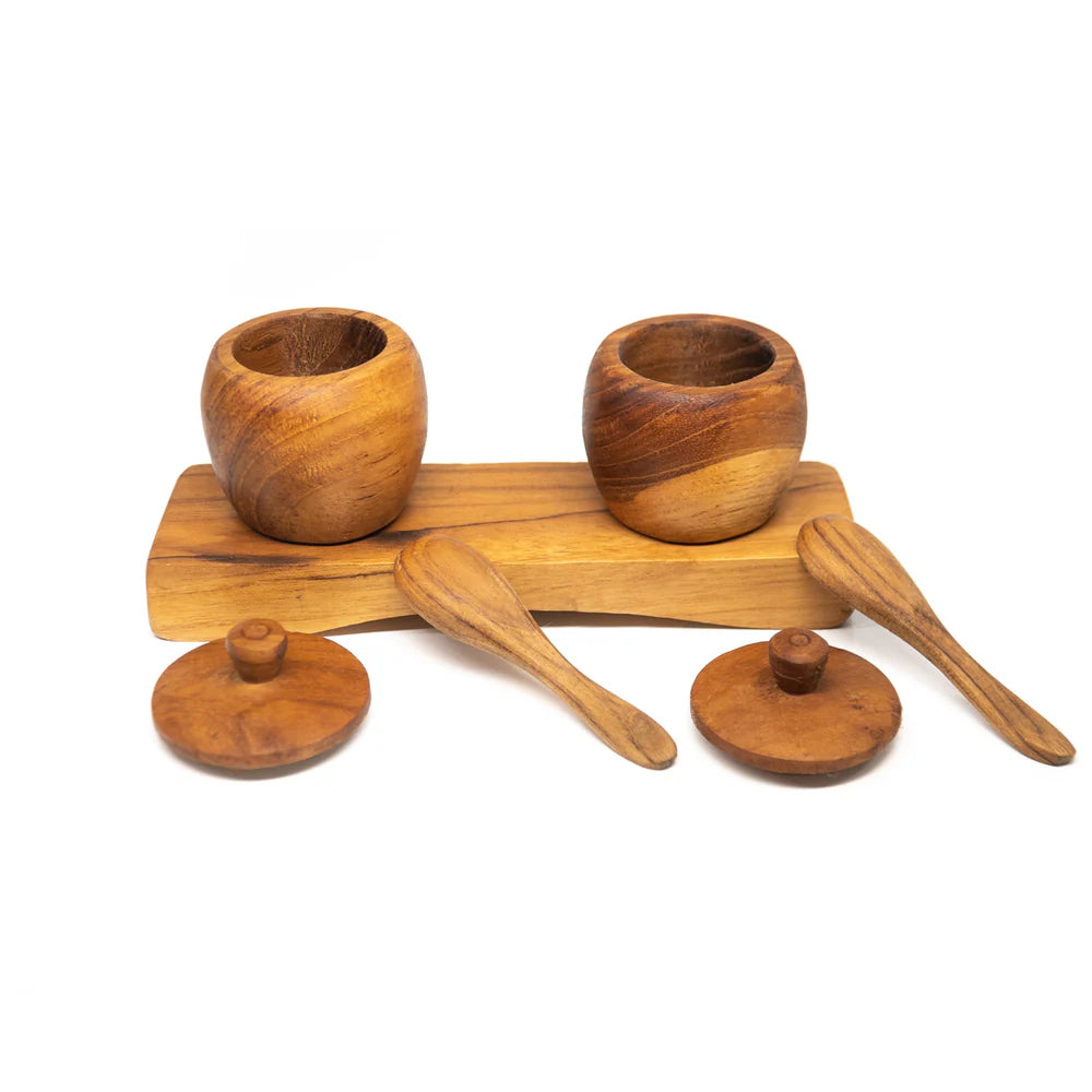 Teak Wood Spice Jar Set with Tray and Spoons