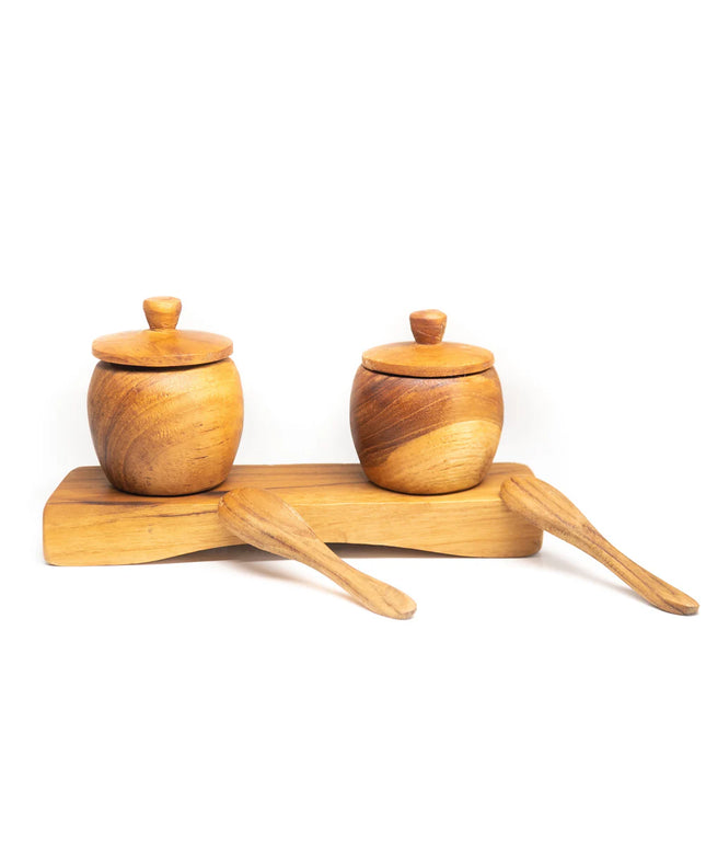 Teak Wood Spice Jar Set with Tray and Spoons