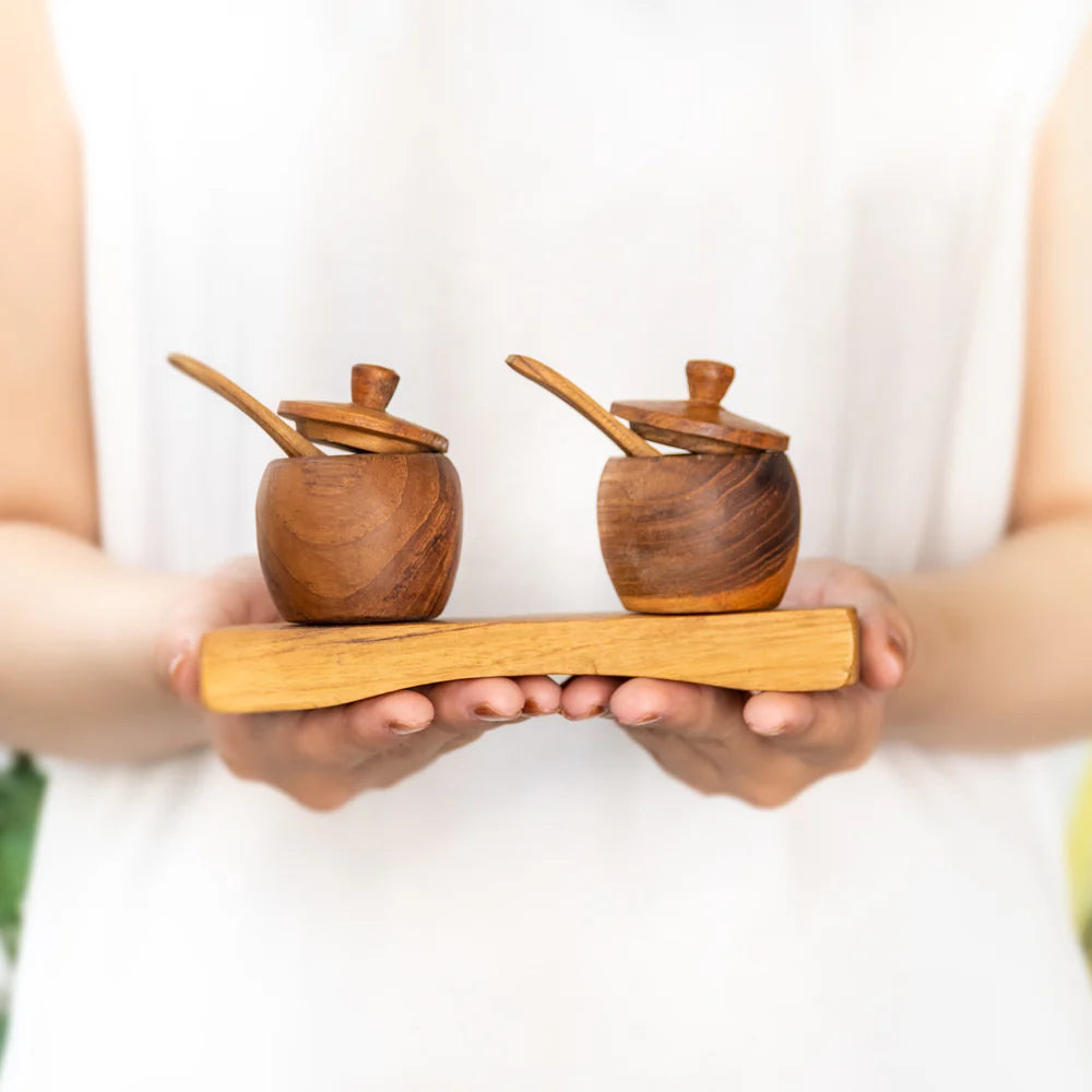 Teak Wood Spice Jar Set with Tray and Spoons