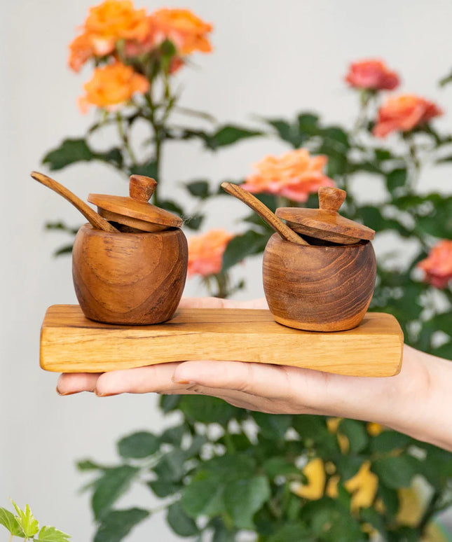 Teak Wood Spice Jar Set with Tray and Spoons
