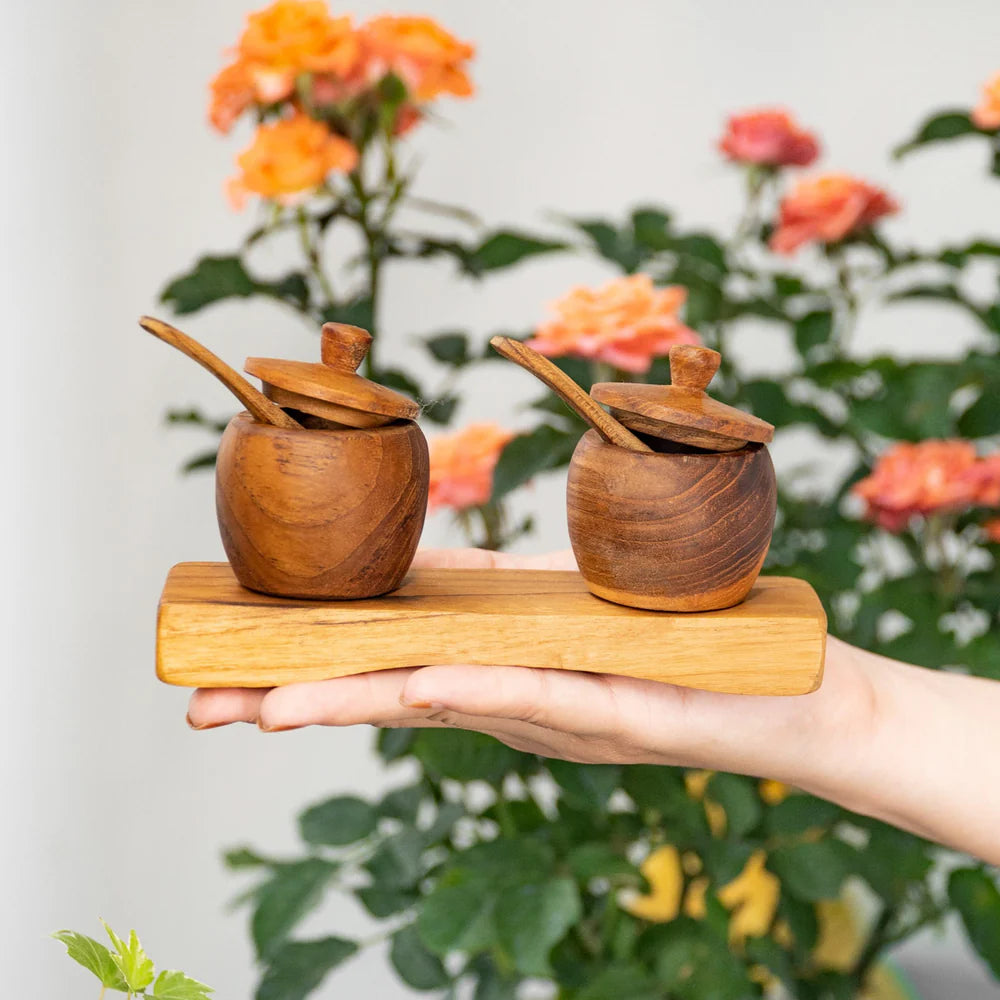 Teak Wood Spice Jar Set with Tray and Spoons