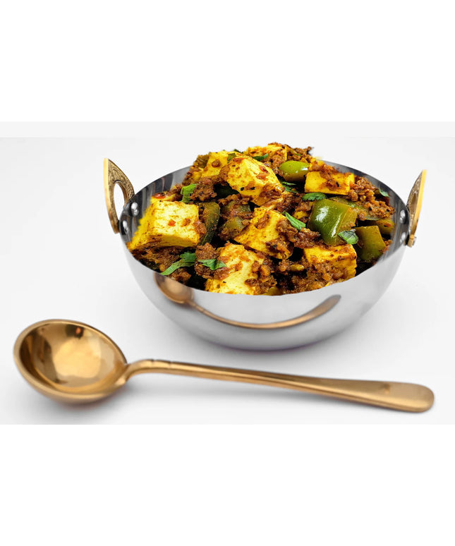 Indian Handi Serving Bowl - Stainless Steel with Brass Handles