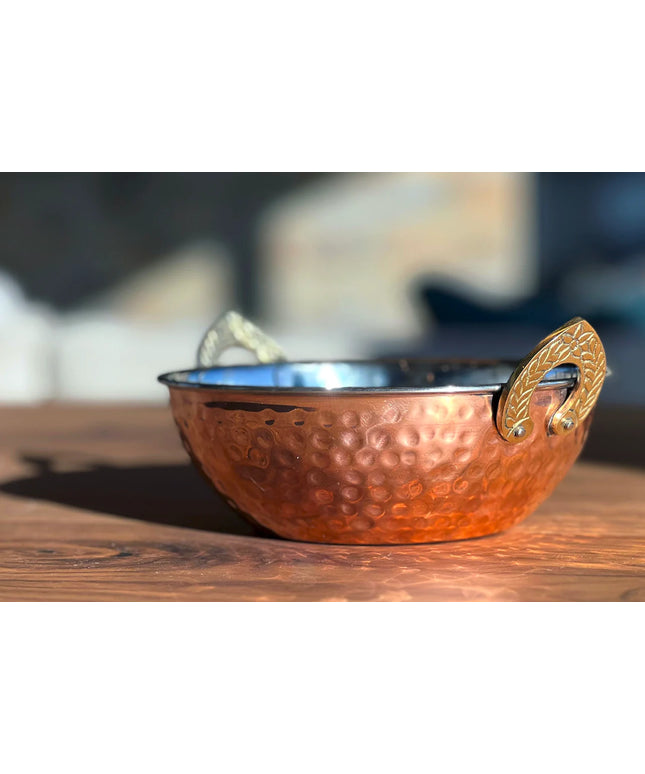 Indian Handi Serving Bowl - Hammered Copper Double Walled