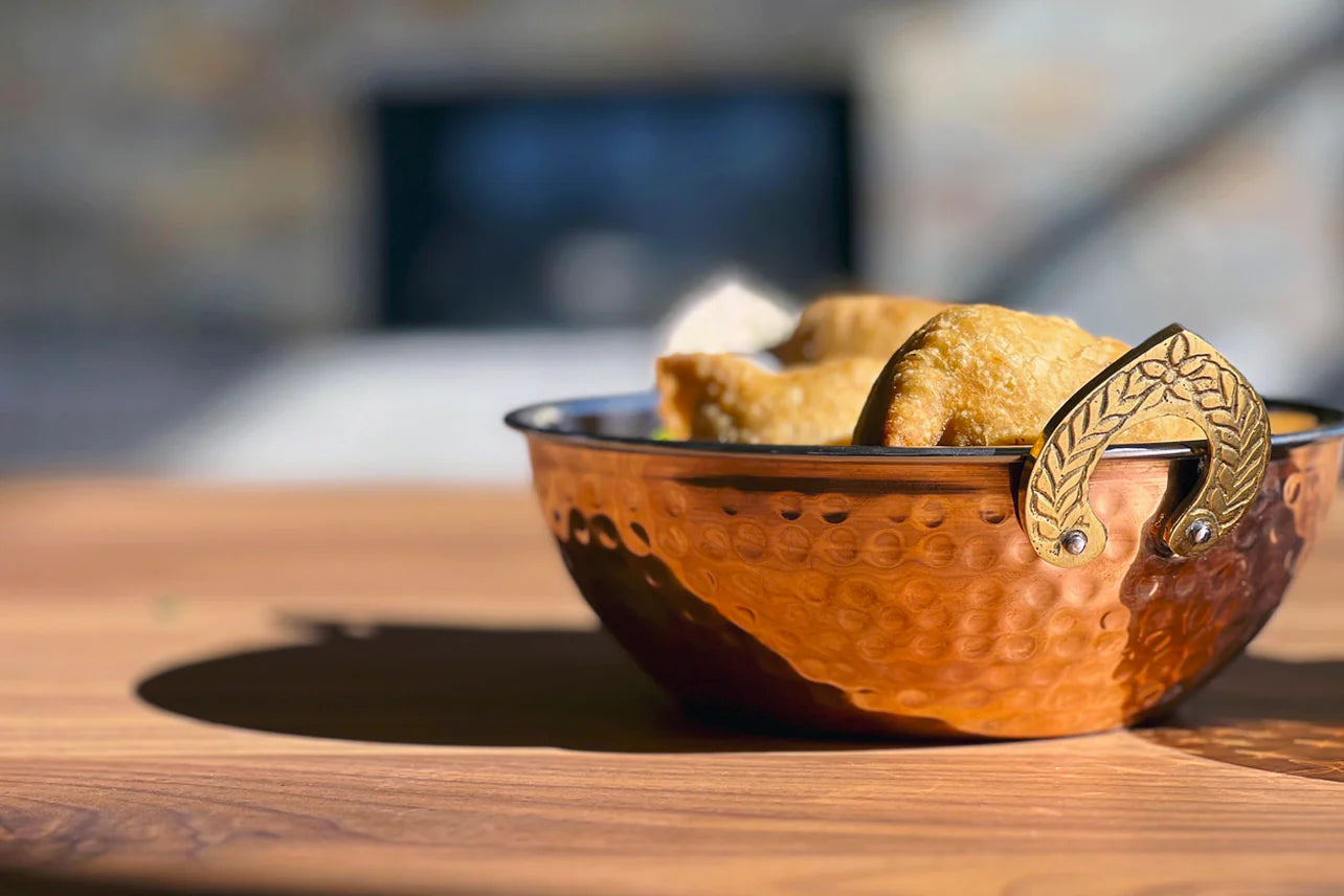 Indian Handi Serving Bowl - Hammered Copper Double Walled