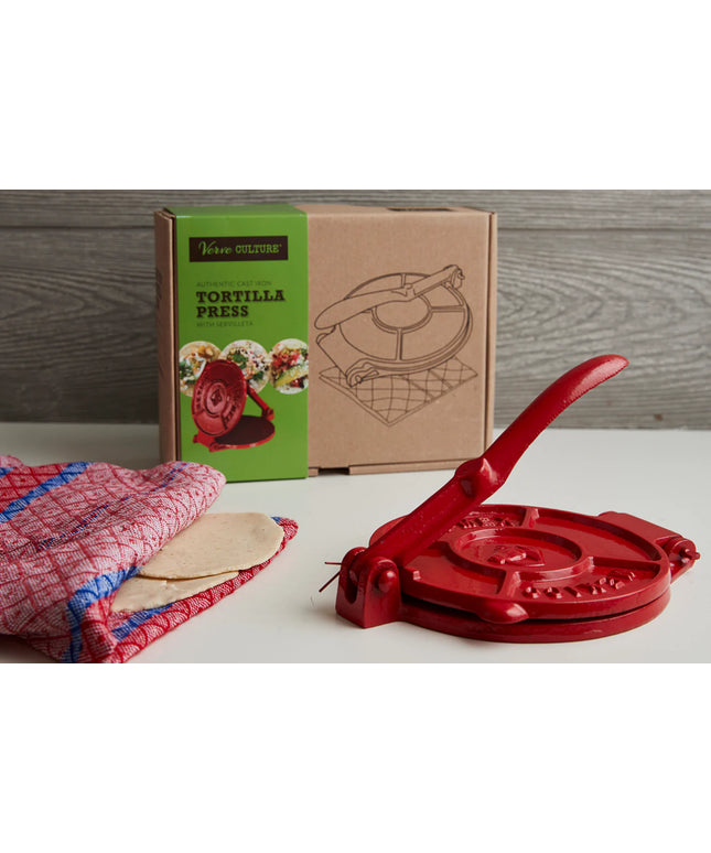 Tortilla Press Kit - Red Cast Iron with Servilleta