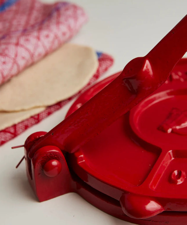 Tortilla Press Kit - Red Cast Iron with Servilleta