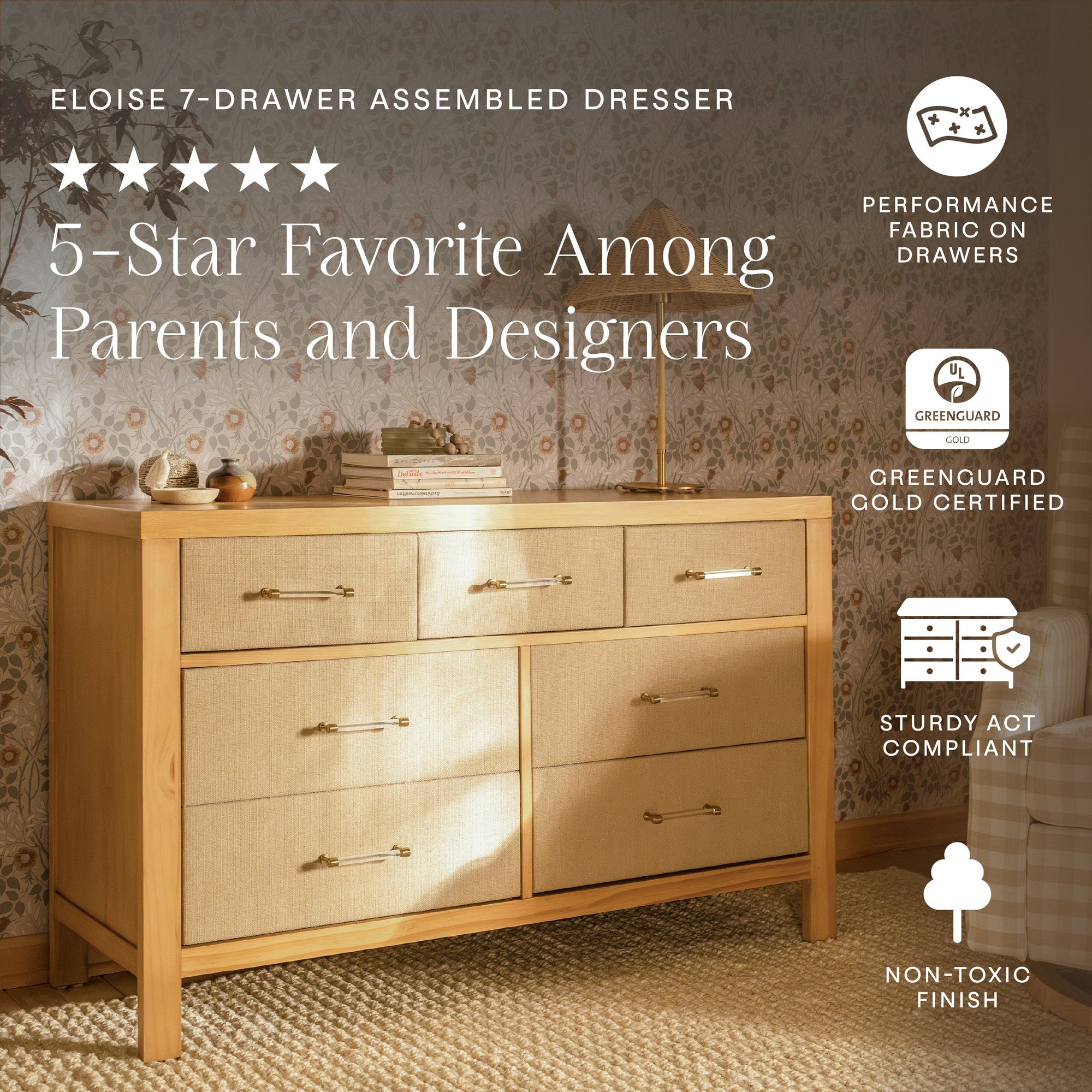 M24816HYPSEW,Namesake,Eloise 7-Drawer Assembled Dresser in Honey & Performance Sand Eco-Weave