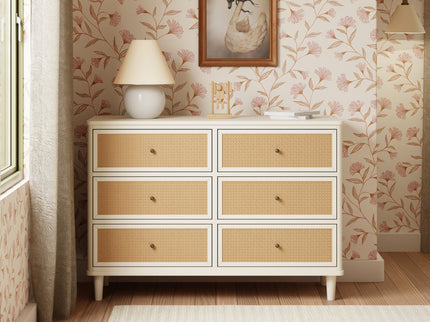 M23716RWHC,Namesake,Marin with Cane 6 Drawer Assembled Dresser in Warm White and Honey Cane