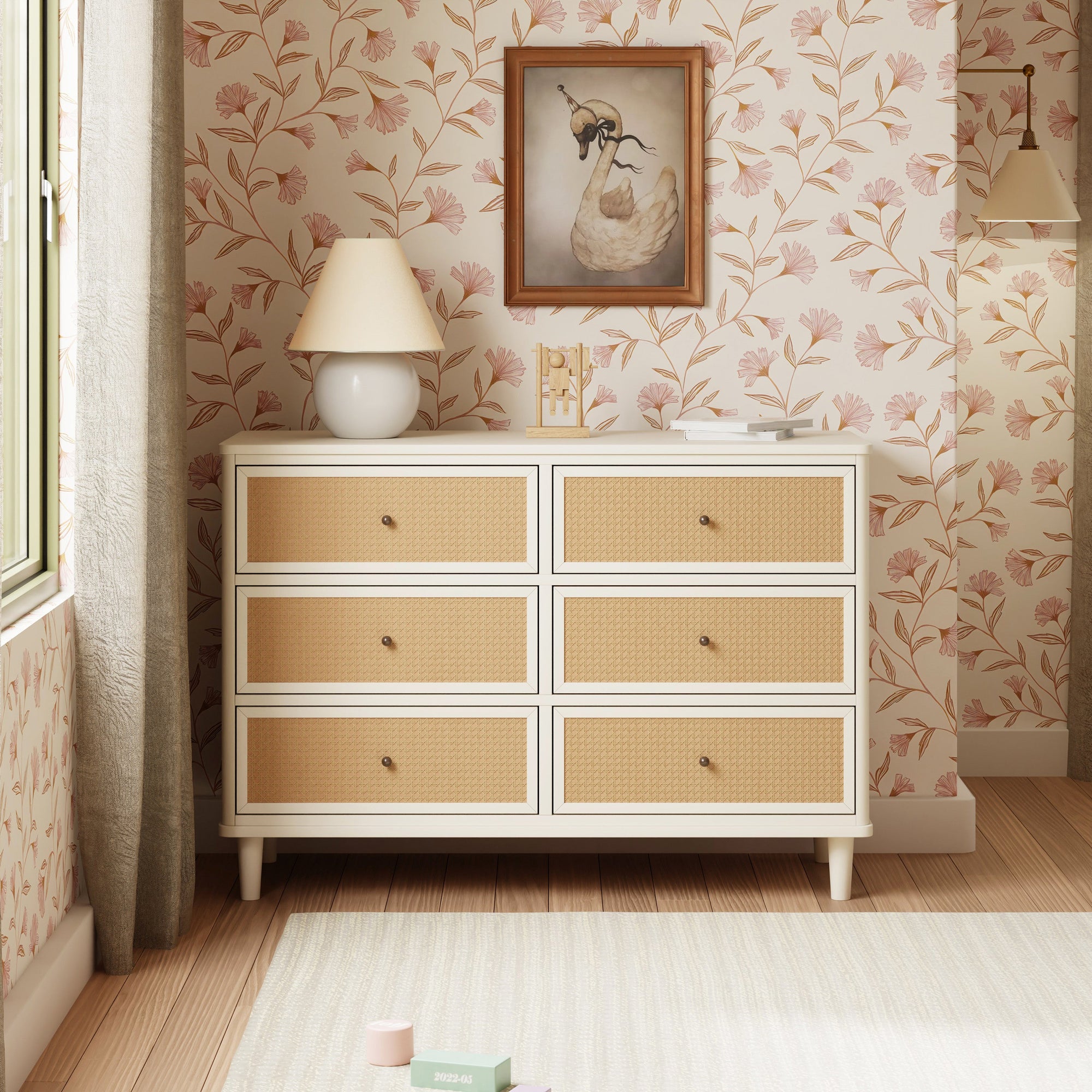 M23716RWHC,Namesake,Marin with Cane 6 Drawer Assembled Dresser in Warm White and Honey Cane