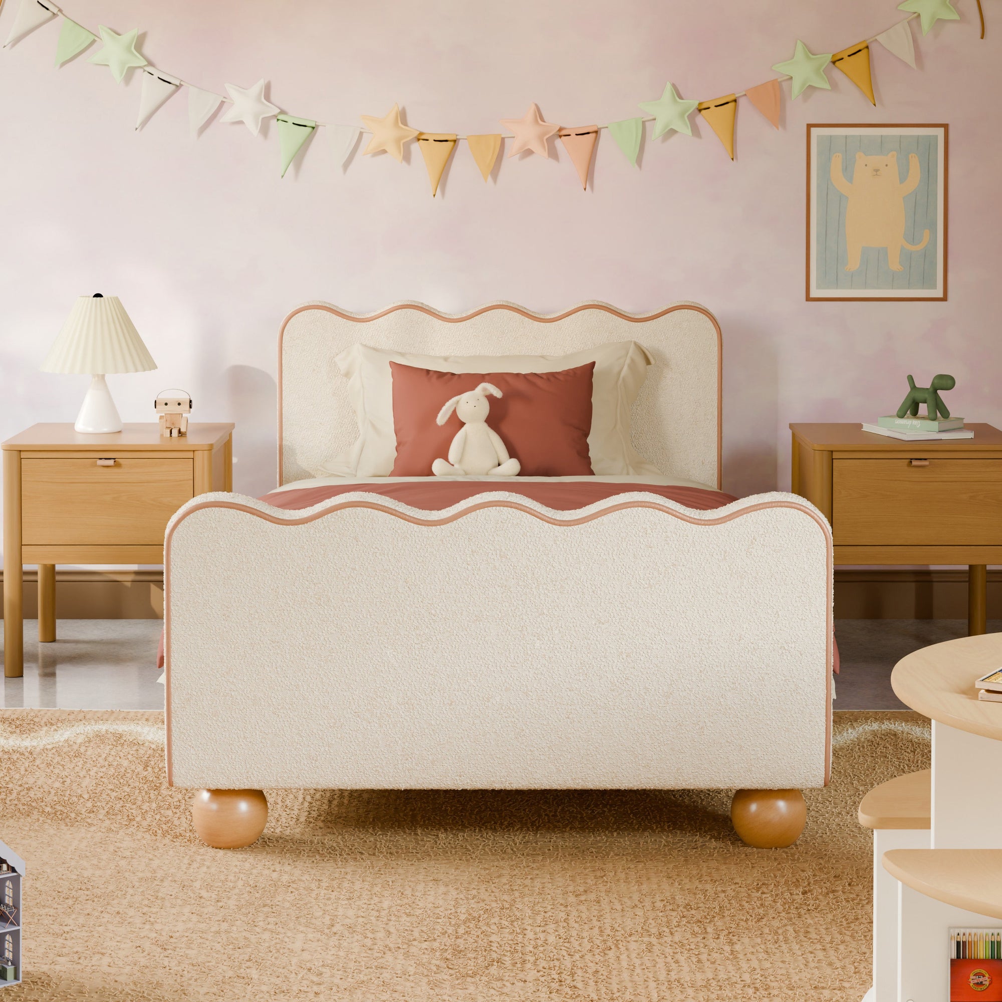 M31369PWBTAN,Babyletto Kids,Rizo Twin Bed in Performance Ivory Boucle w/ VTan Leather Piping