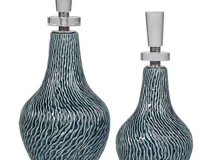 Almera Distressed Dark Teal Glaze Ceramic Bottles Set of 2