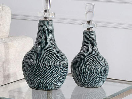 Almera Distressed Dark Teal Glaze Ceramic Bottles Set of 2