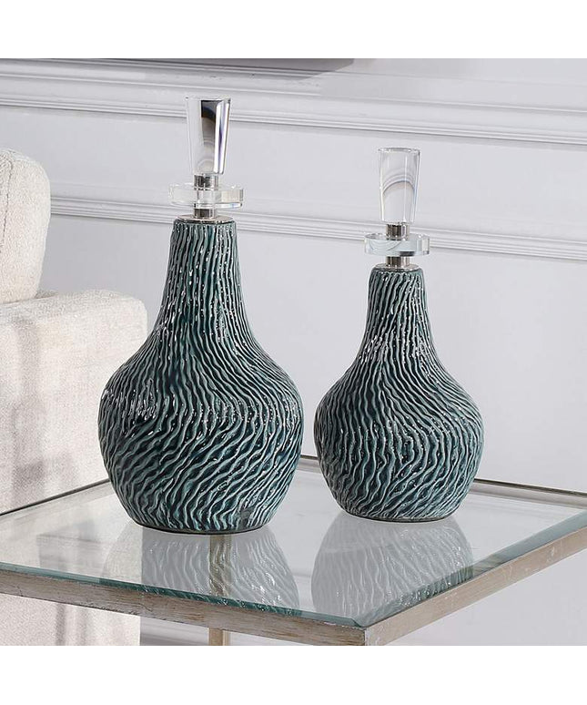 Almera Distressed Dark Teal Glaze Ceramic Bottles Set of 2